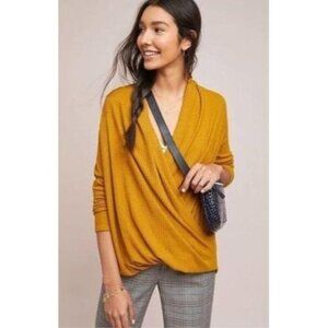 Anthropologie Akemi & Kin Blouse Women's XS Mustard Yellow Waffle Knit Wrap Fall